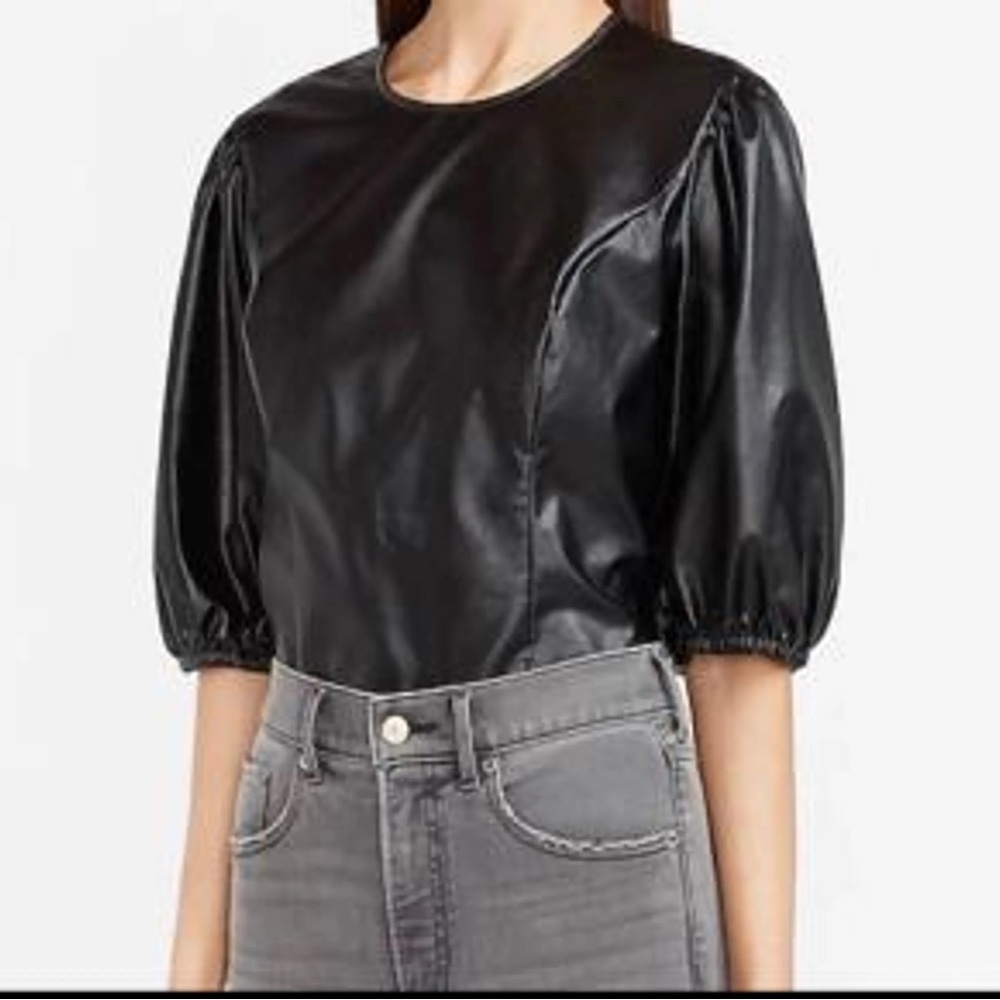 Express - faux leather patent back puff sleeve top